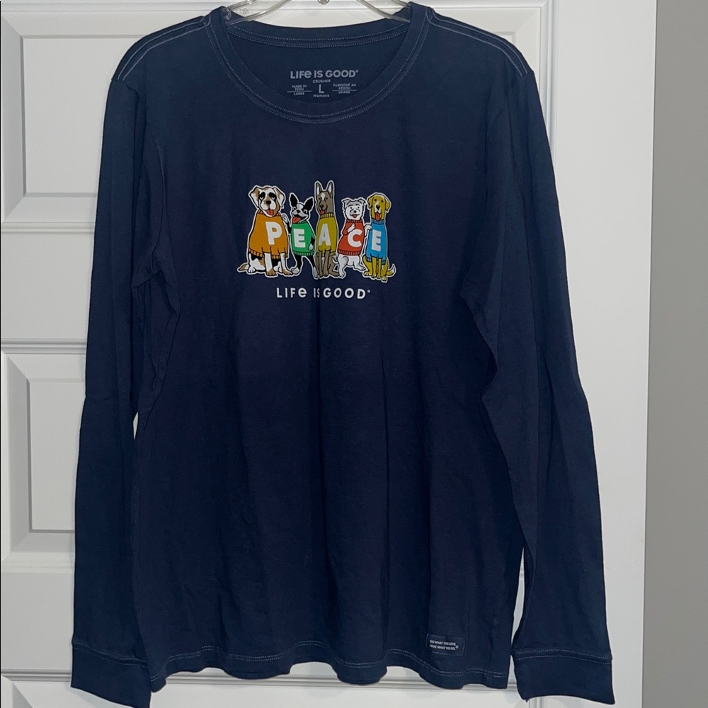 Life Is Good Long Sleeve Shirt PEACE dogs graphic tee blue Large